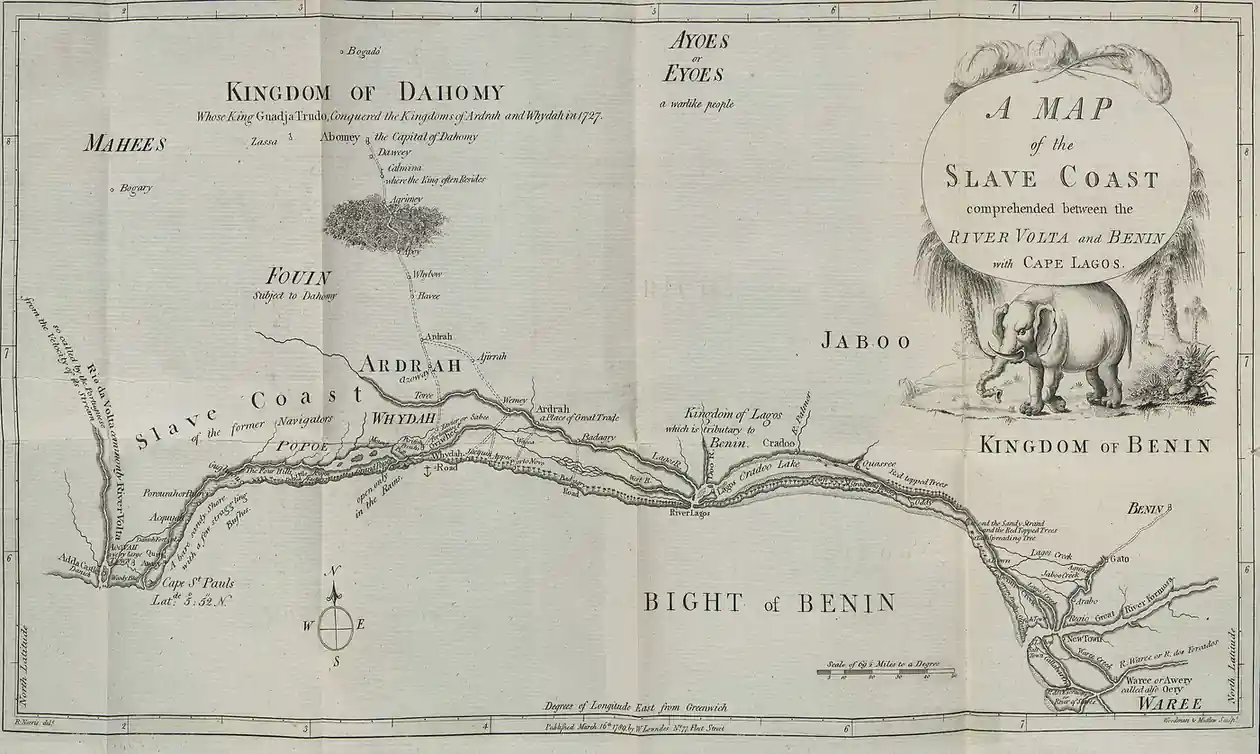 Carte de la Côte des Esclaves publiée en 1789, avec le royaume du Dahomey, Whydah (Ouidah), Ardrah et les Mahi
