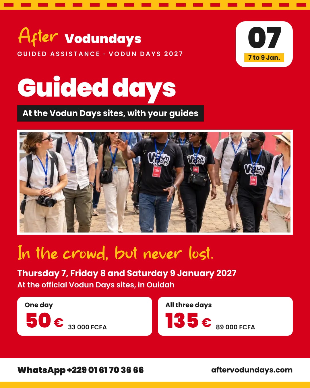 Poster: Guided days, at the vodun days sites, with your guides, thursday 7, friday 8 and saturday 9 january 2027, Ouidah