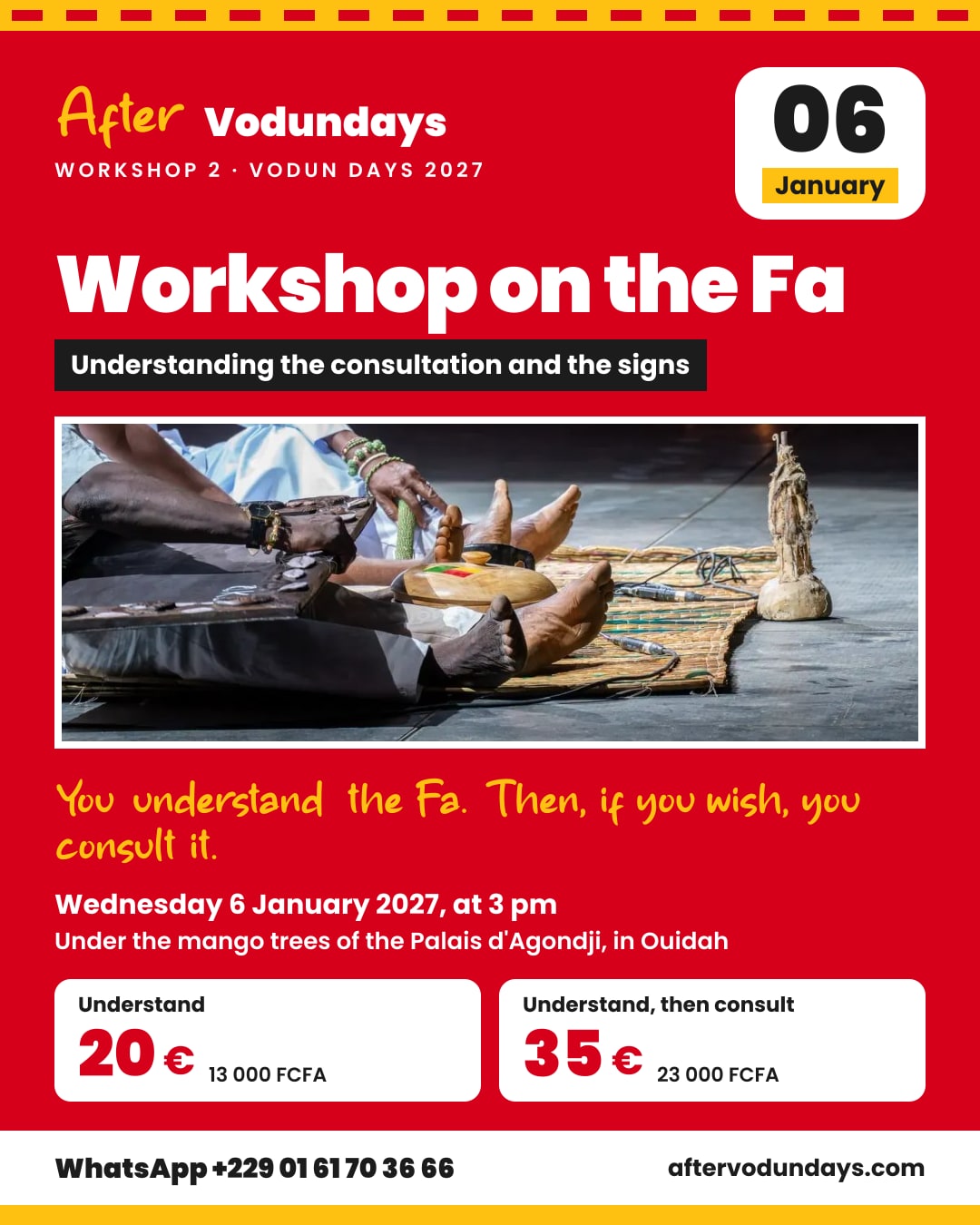 Poster: Workshop on the Fa, understanding the consultation and the signs, wednesday 6 january 2027, at 3 pm, Ouidah