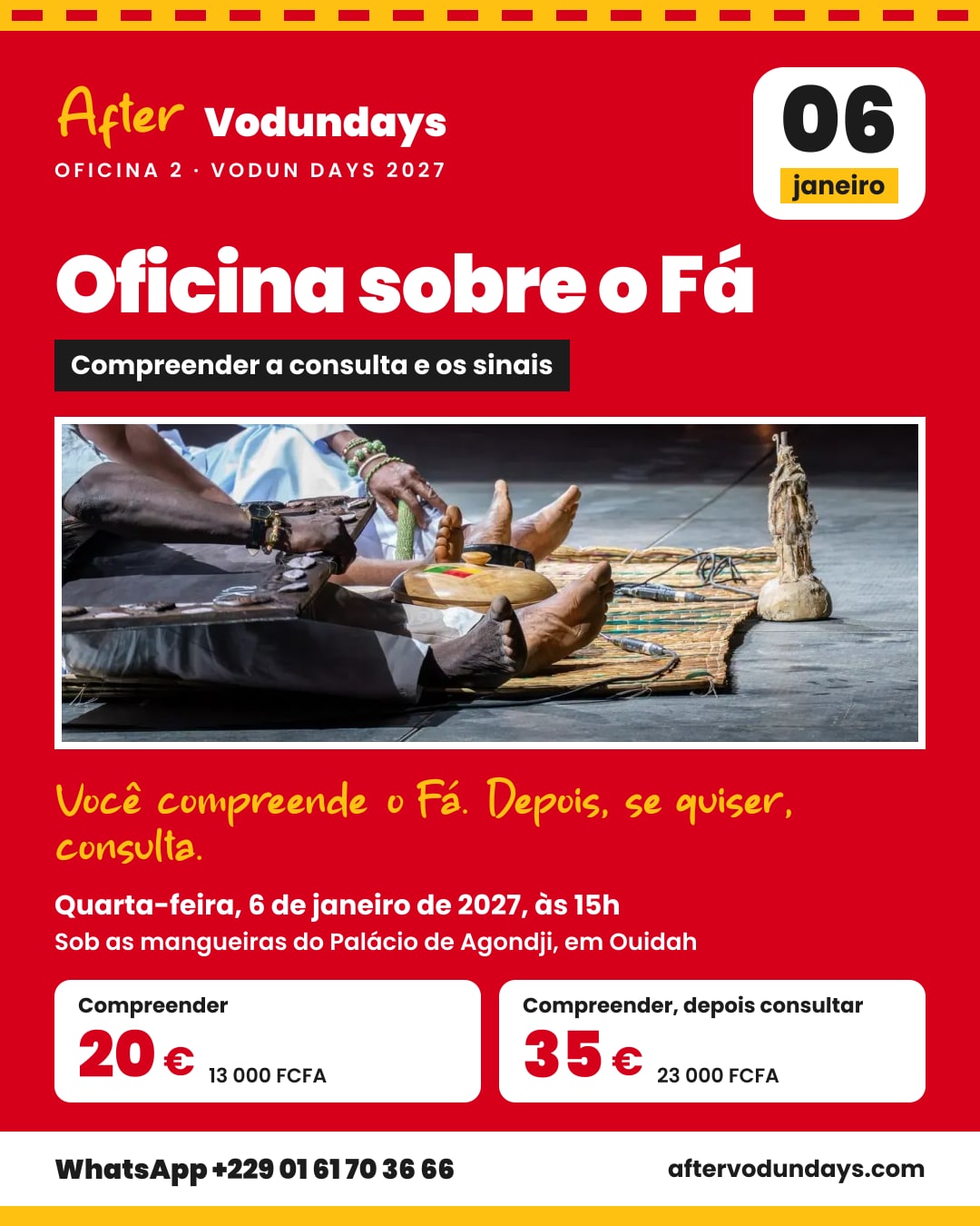 Cartaz: Oficina sobre o Fá, compreender a consulta e os sinais, quarta-feira, 6 de janeiro de 2027, às 15h, Ouidah