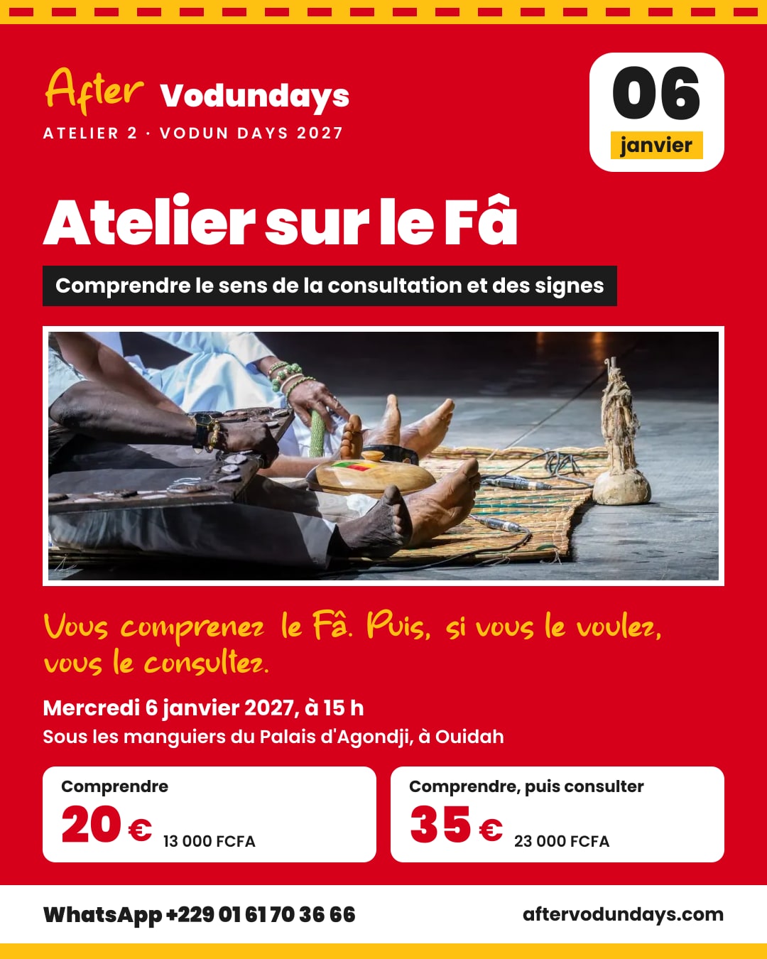 Affiche : Atelier sur le Fâ, comprendre le sens de la consultation et des signes, mercredi 6 janvier 2027, à 15 h, Ouidah