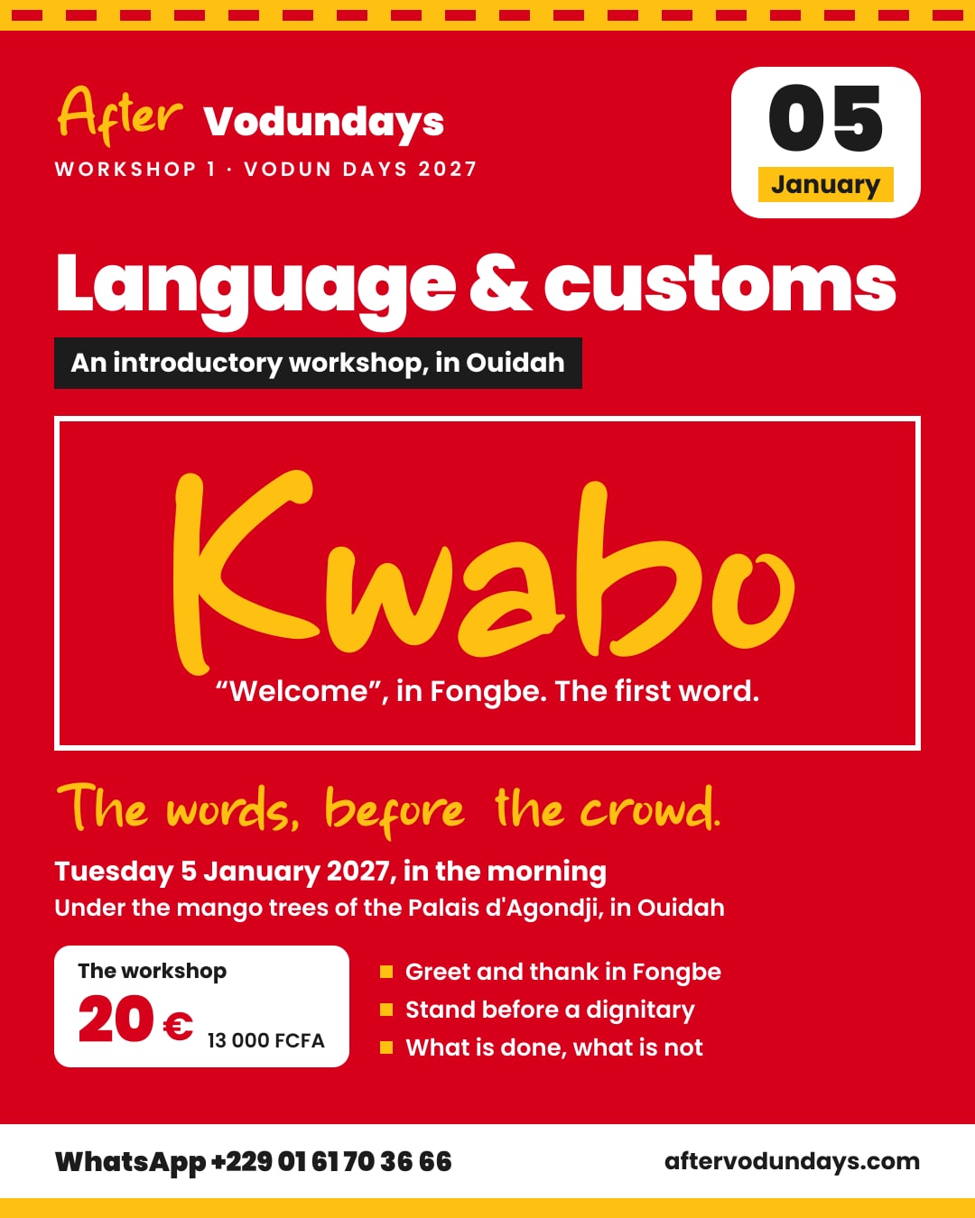 Poster: Language & customs, an introductory workshop, in ouidah, tuesday 5 january 2027, in the morning, Ouidah
