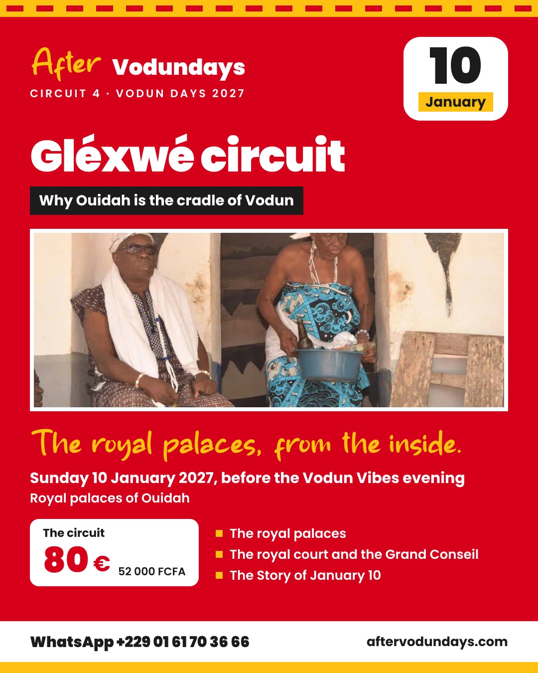 Poster: Gléxwé circuit, why ouidah is the cradle of vodun, sunday 10 january 2027, before the vodun vibes evening, Ouidah