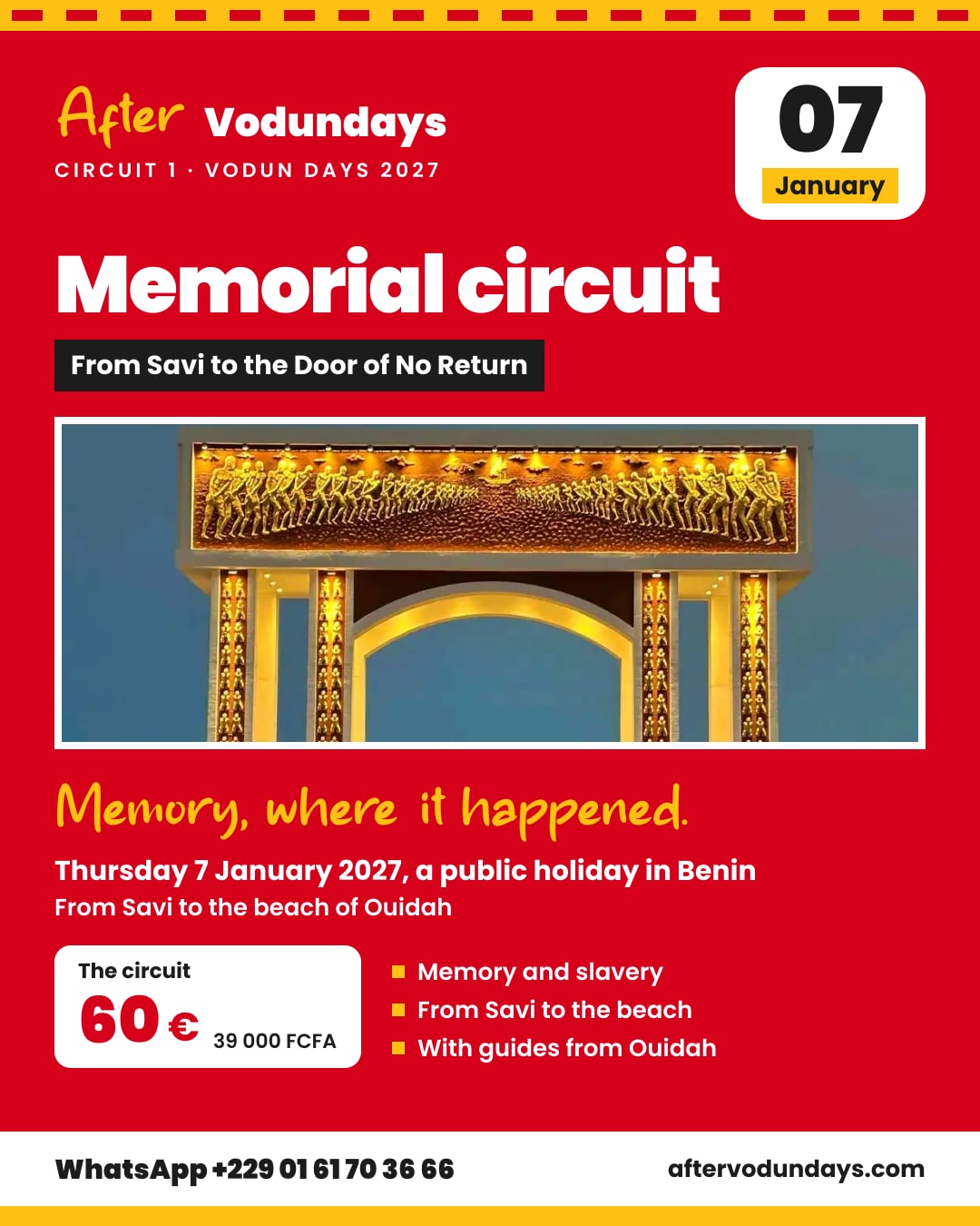 Poster: Memorial circuit, from savi to the door of no return, thursday 7 january 2027, a public holiday in benin, Ouidah