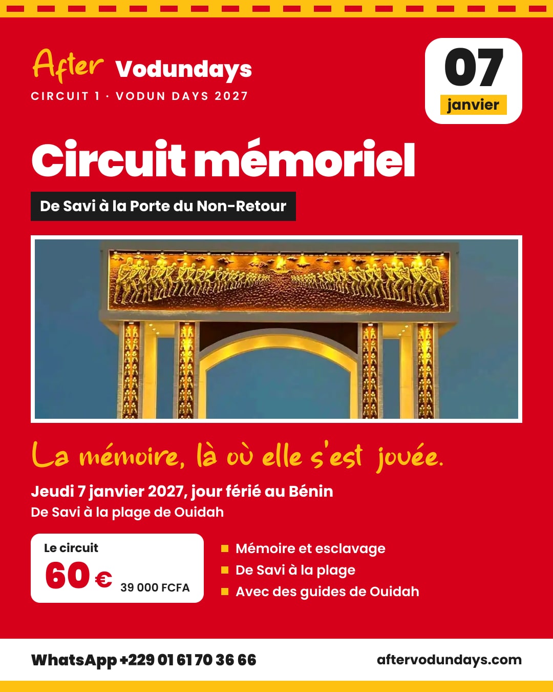Affiche : Circuit mémoriel, de savi à la porte du non-retour, jeudi 7 janvier 2027, jour férié au bénin, Ouidah