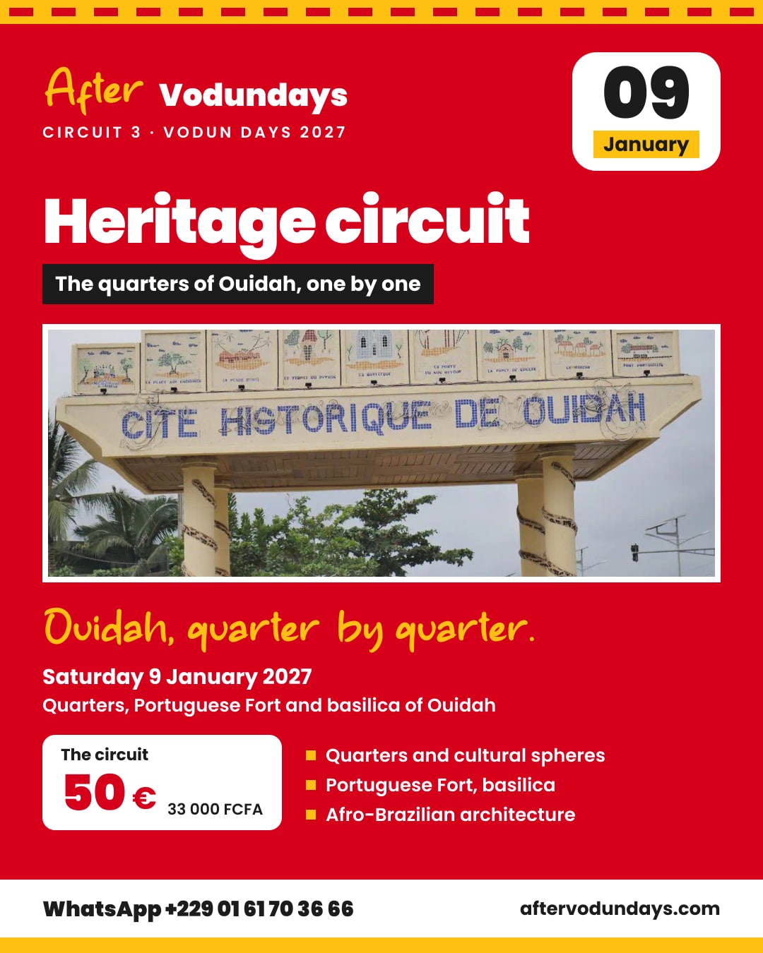 Poster: Heritage circuit, the quarters of ouidah, one by one, saturday 9 january 2027, Ouidah