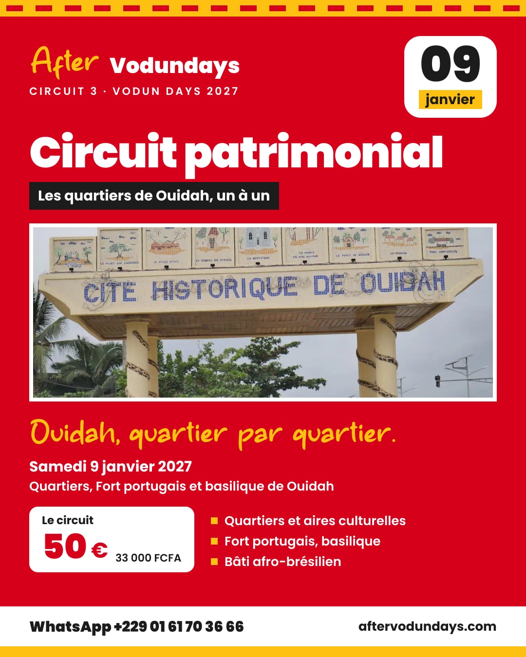 Affiche : Circuit patrimonial, les quartiers de ouidah, un à un, samedi 9 janvier 2027, Ouidah