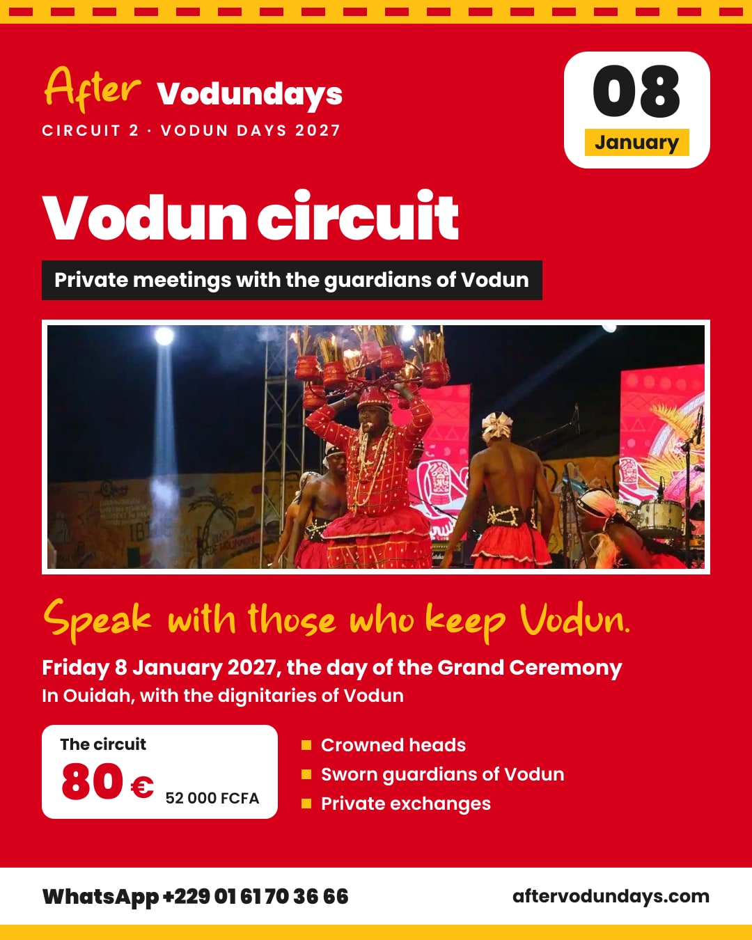 Poster: Vodun circuit, private meetings with the guardians of vodun, friday 8 january 2027, the day of the grand ceremony, Ouidah