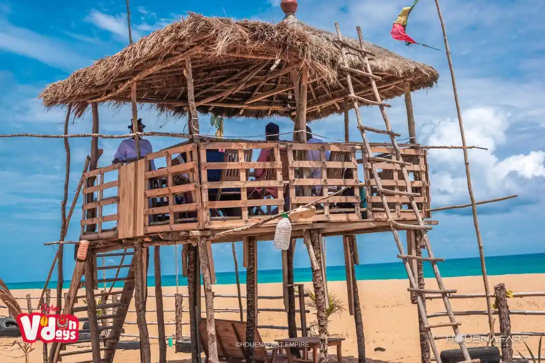 Wooden and thatch lookout hut on the Atlantic beach, Grand-Popo, Benin