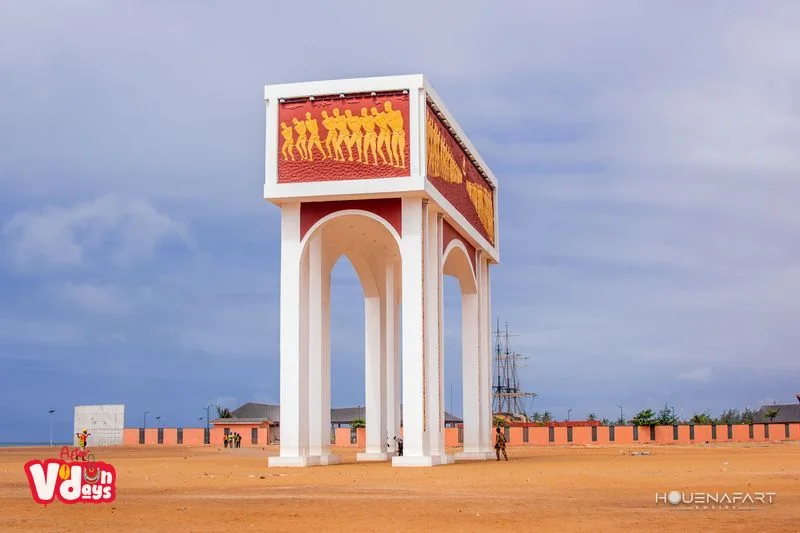 The Door of No Return in Ouidah, white arch monument, front view, Ouidah, Benin