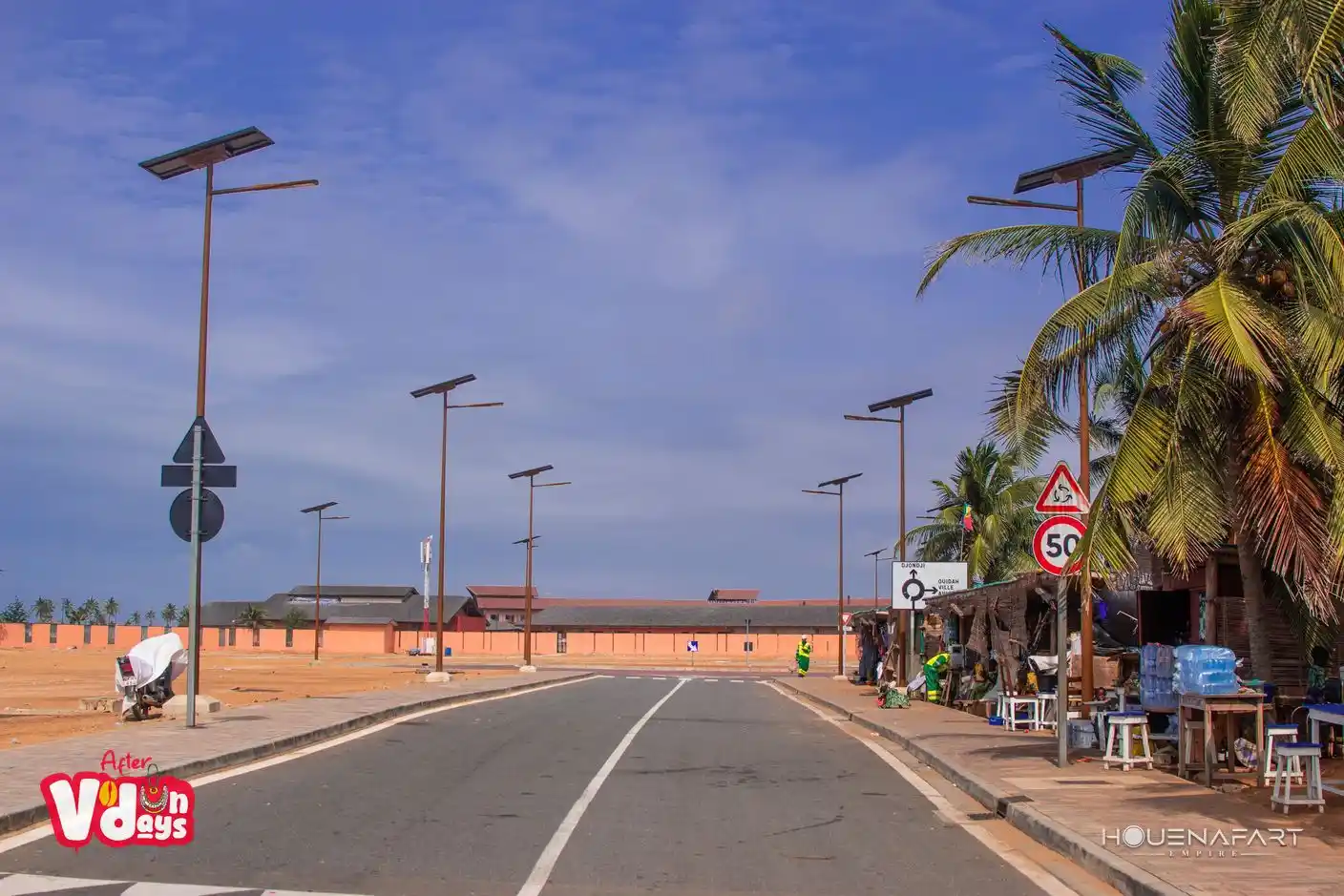 Road lined with solar lampposts leading to the Door of No Return site, Ouidah, Benin